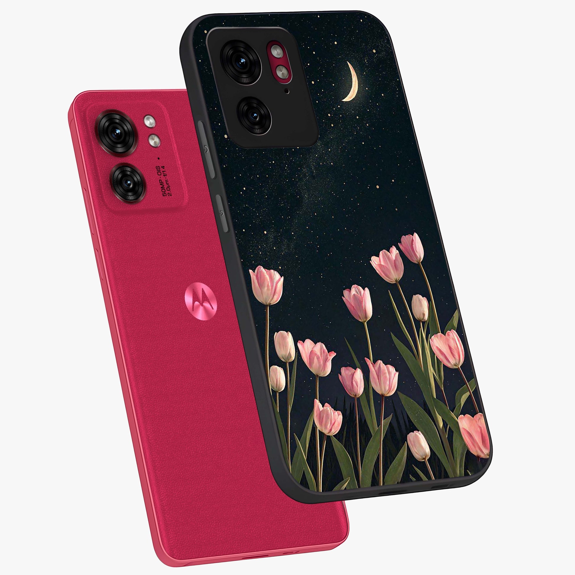 Midnight Tulip Whispers Vibe Glass Case displayed in angled mockup highlighting delicate tulip design with midnight floral aesthetic.