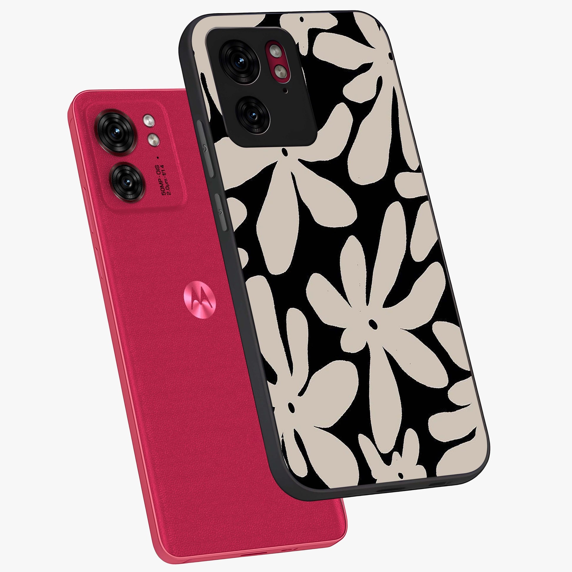 Monochrome Petal Dance Glass Case displayed in angled mockup highlighting elegant petal design with black and white aesthetic.