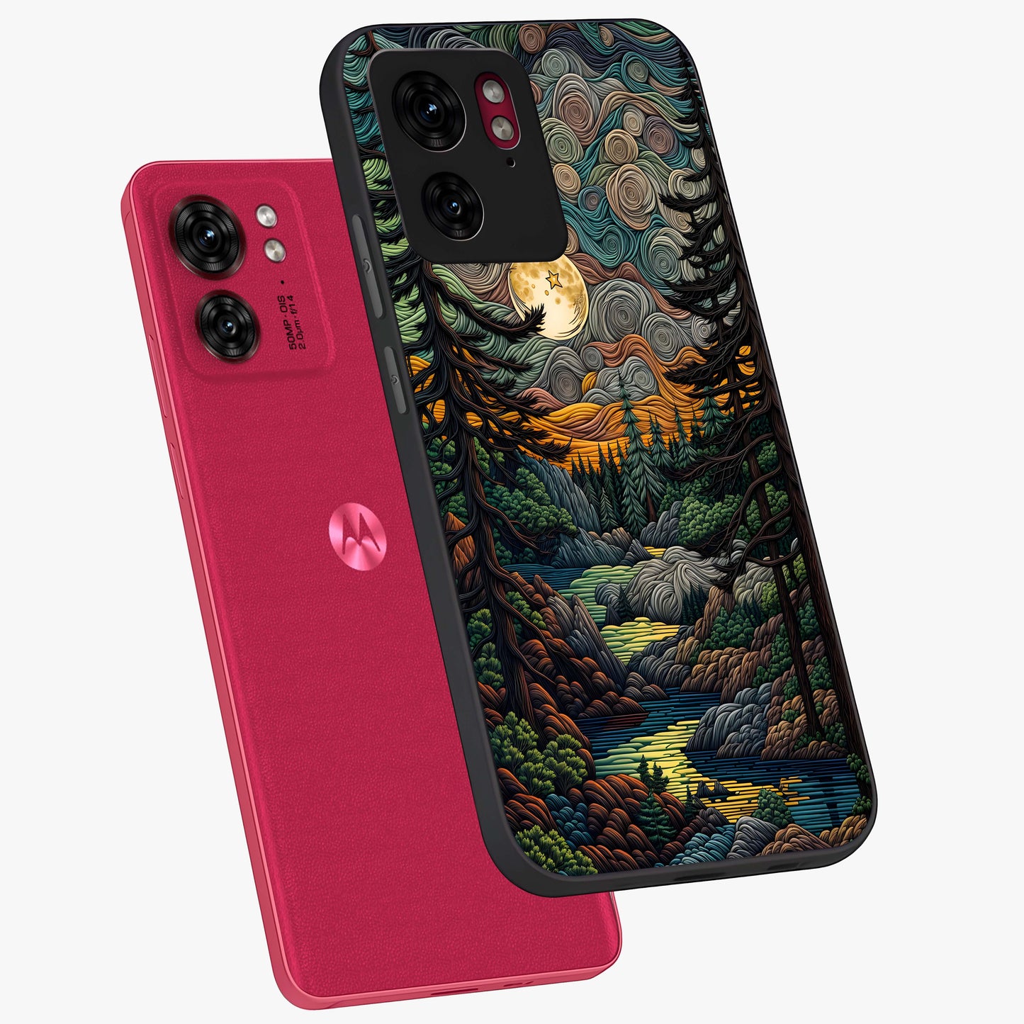 Moonlight Forest Dream Glass Case displayed in angled mockup highlighting dreamy forest design with glowing moon aesthetic.