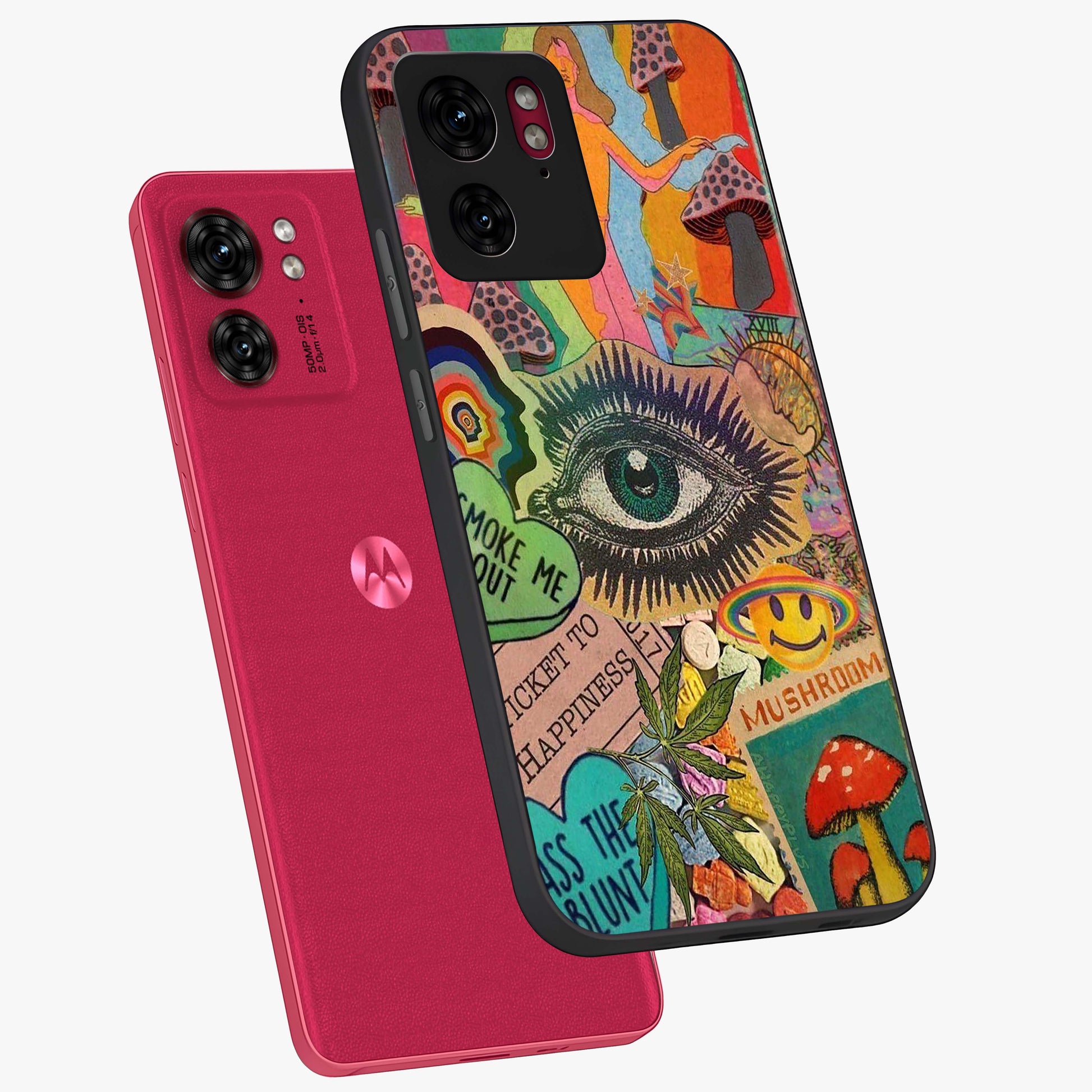 Mystic Eye Wonderland Glass Case displayed in angled mockup highlighting magical eye illustration with dreamy aesthetic.
