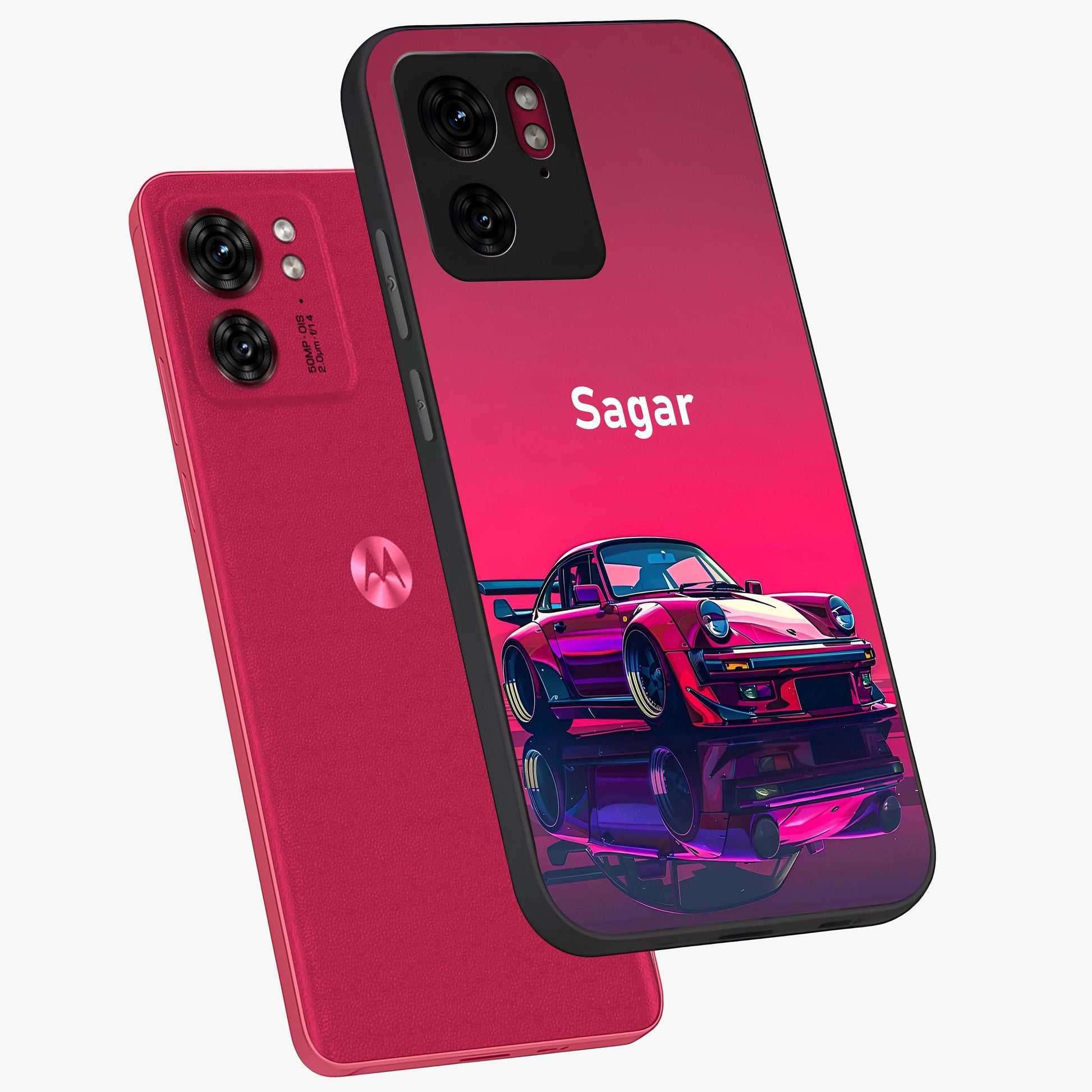 Neon Pink Porsche Glass Case displayed in angled mockup highlighting sleek neon pink car design with racing aesthetic.