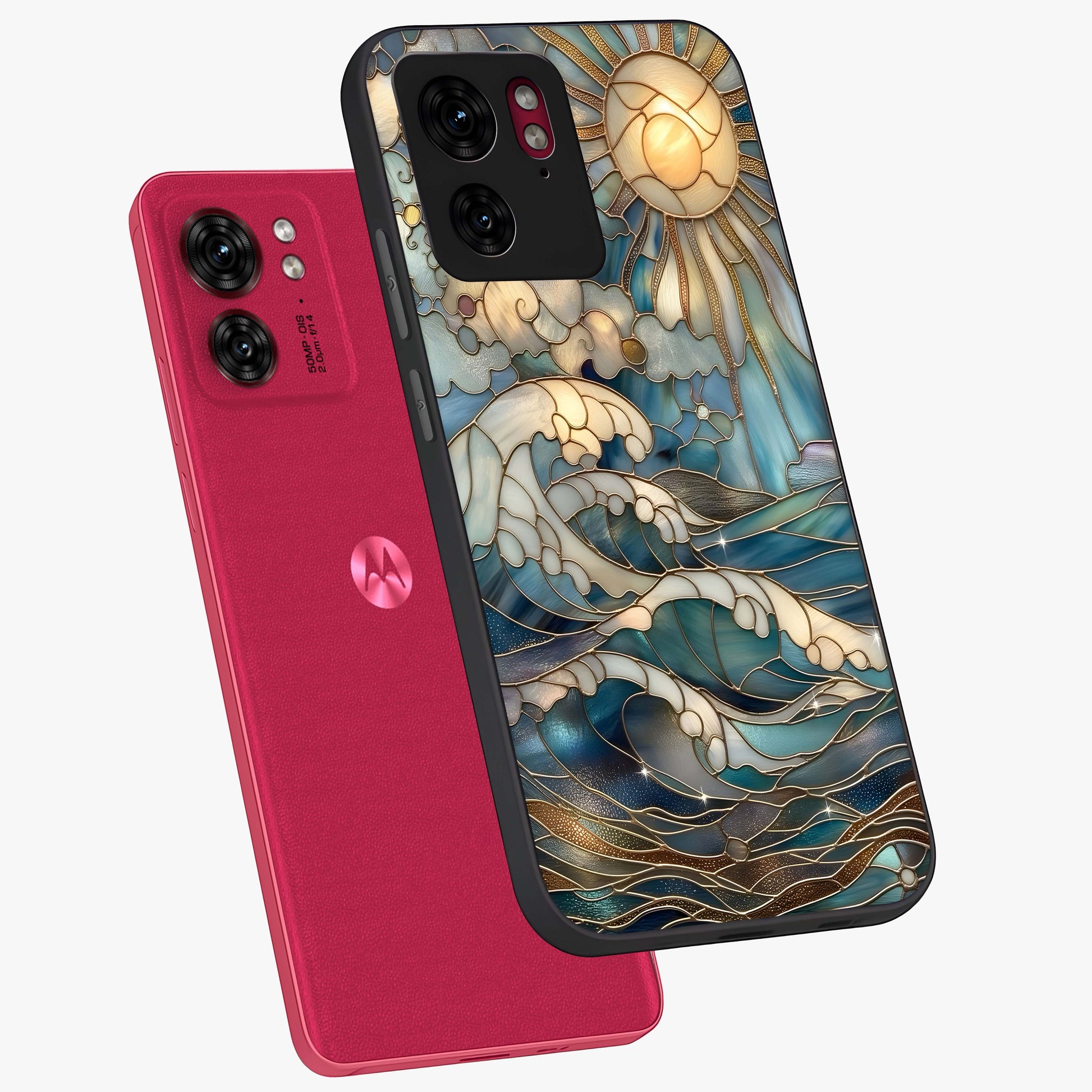 Oceanic Stained Printed Glass Case displayed in angled mockup highlighting colorful aquatic design with artistic aesthetic style.
