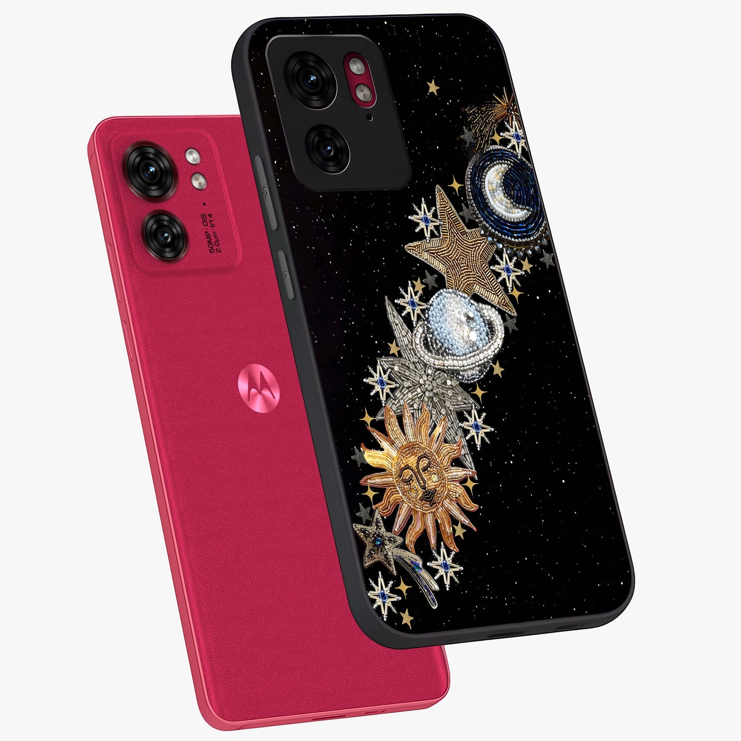 Pearls Universe Object Glass Case displayed in angled mockup highlighting celestial pearl design with dreamy aesthetic.