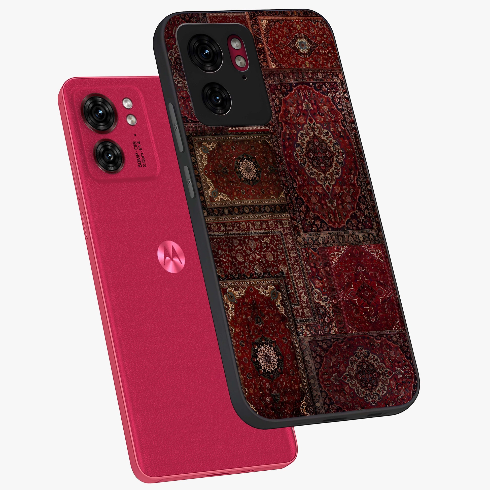 Persian Velvet Tale Glass Case displayed in angled mockup highlighting ornate textile inspired design with royal aesthetic.