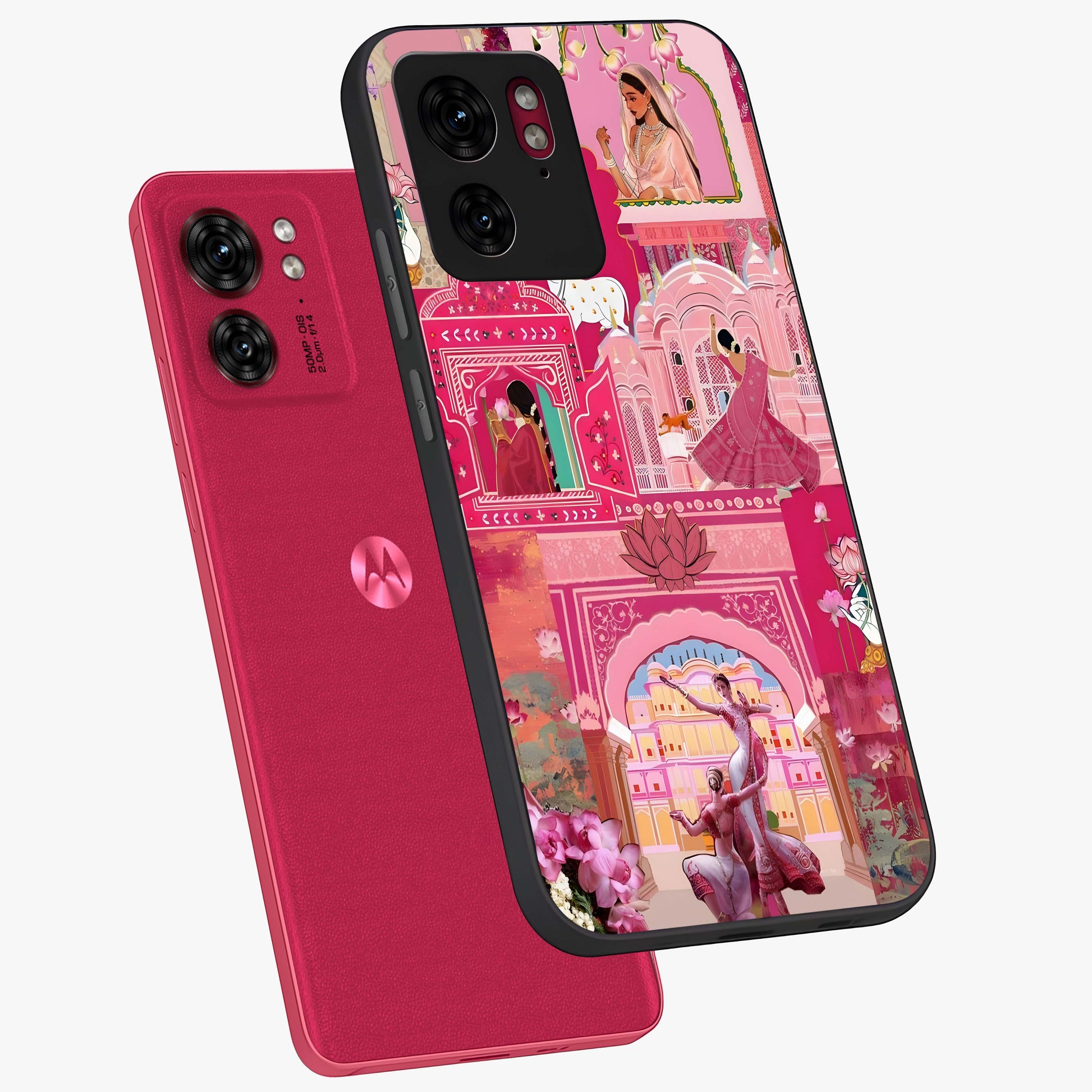 Pink Palace Muse Glass Case displayed in angled mockup highlighting dreamy palace illustration with soft pink aesthetic.