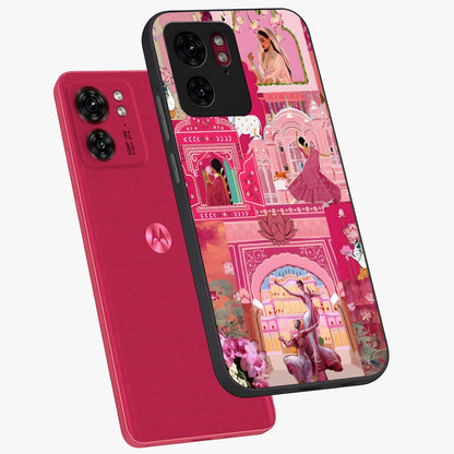Pink Palace Muse Glass Case displayed in angled mockup highlighting dreamy palace illustration with soft pink aesthetic.