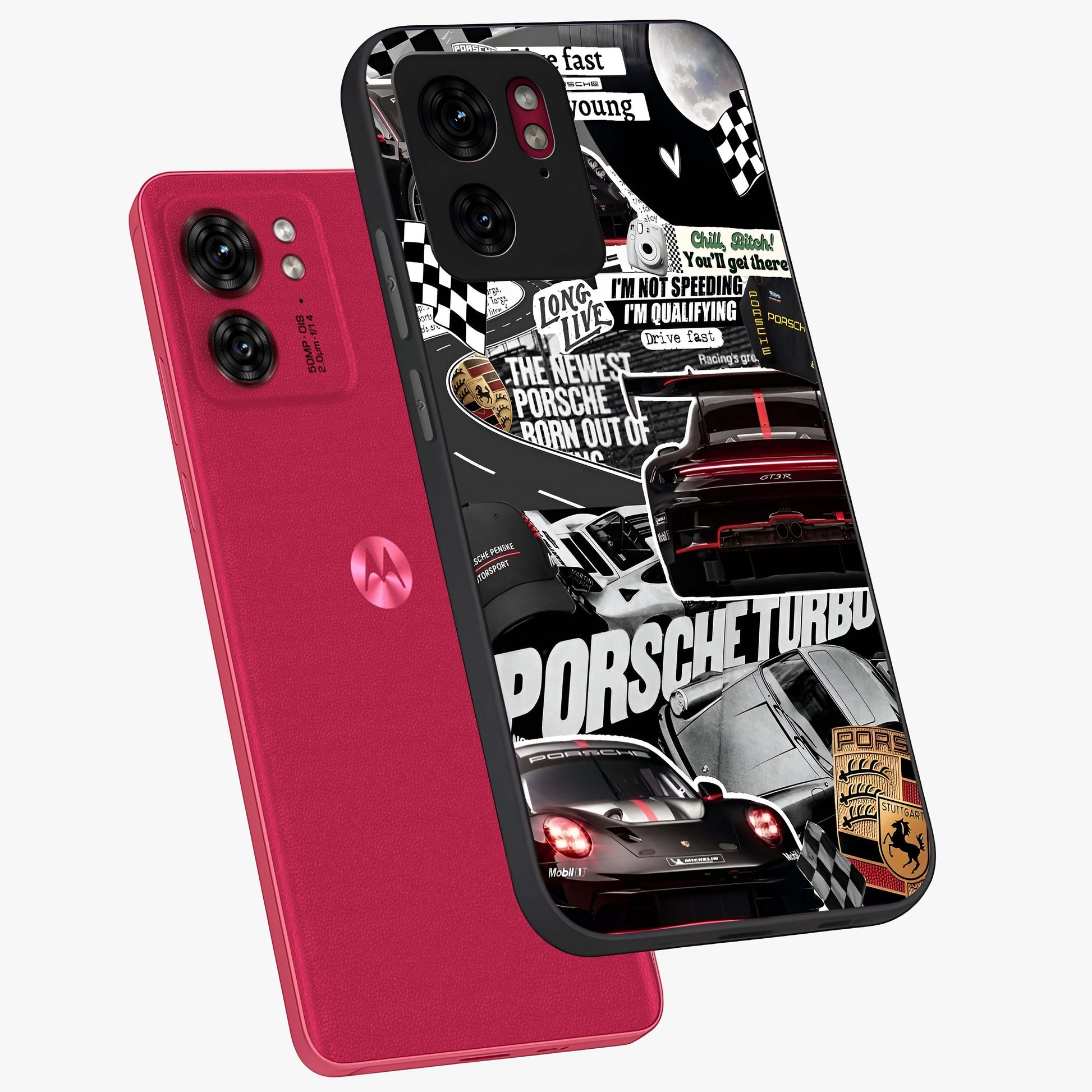 Porsche Racing Collage Glass Case displayed in angled mockup highlighting dynamic automotive design with bold racing aesthetic.