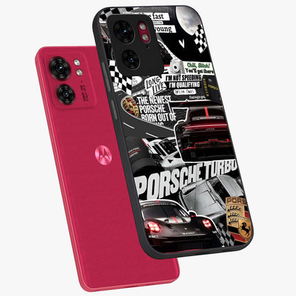 Porsche Racing Collage Glass Case displayed in angled mockup highlighting dynamic automotive design with bold racing aesthetic.