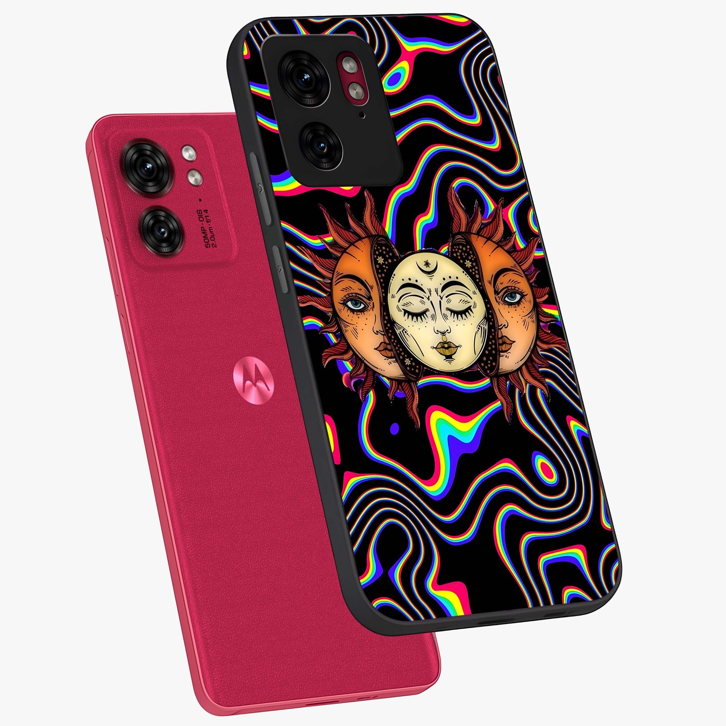 Psychedelic Sun Glass Case displayed in angled mockup highlighting vibrant abstract sun design with artistic aesthetic style.
