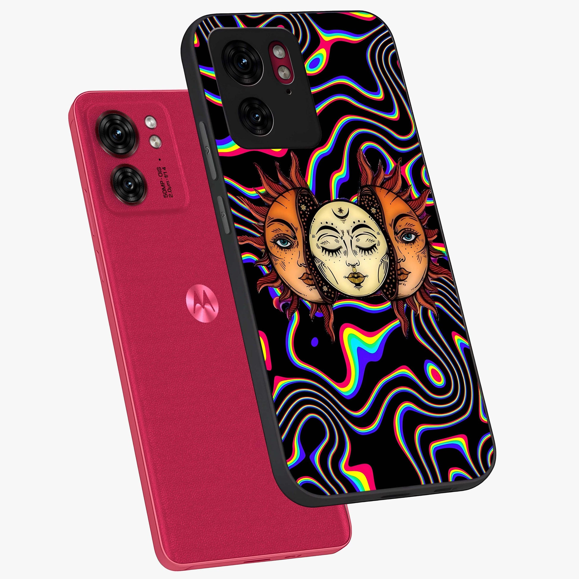 Psychedelic Sun Glass Case displayed in angled mockup highlighting vibrant abstract sun design with artistic aesthetic style.