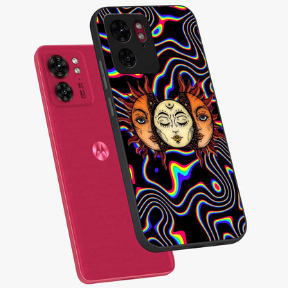 Psychedelic Sun Glass Case displayed in angled mockup highlighting vibrant abstract sun design with artistic aesthetic style.
