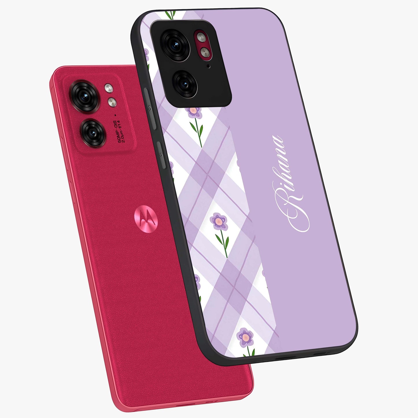 Purple Diamond Floral Glass Case displayed in angled mockup highlighting elegant purple flower design with decorative pattern.