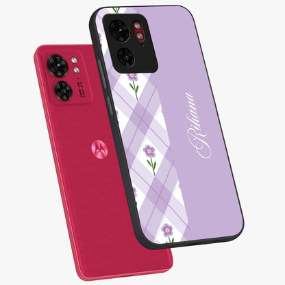 Purple Diamond Floral Glass Case displayed in angled mockup highlighting elegant purple flower design with decorative pattern.