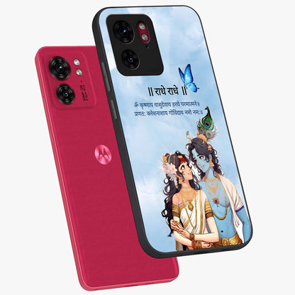 Radha Krishna Eternal Glass Case displayed in angled mockup highlighting divine Radha Krishna illustration with spiritual aesthetic.