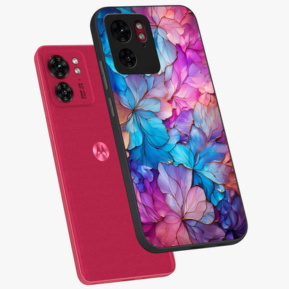 Radiant Floral Whirl Glass Case displayed in angled mockup highlighting vibrant flower pattern with dynamic artistic aesthetic.