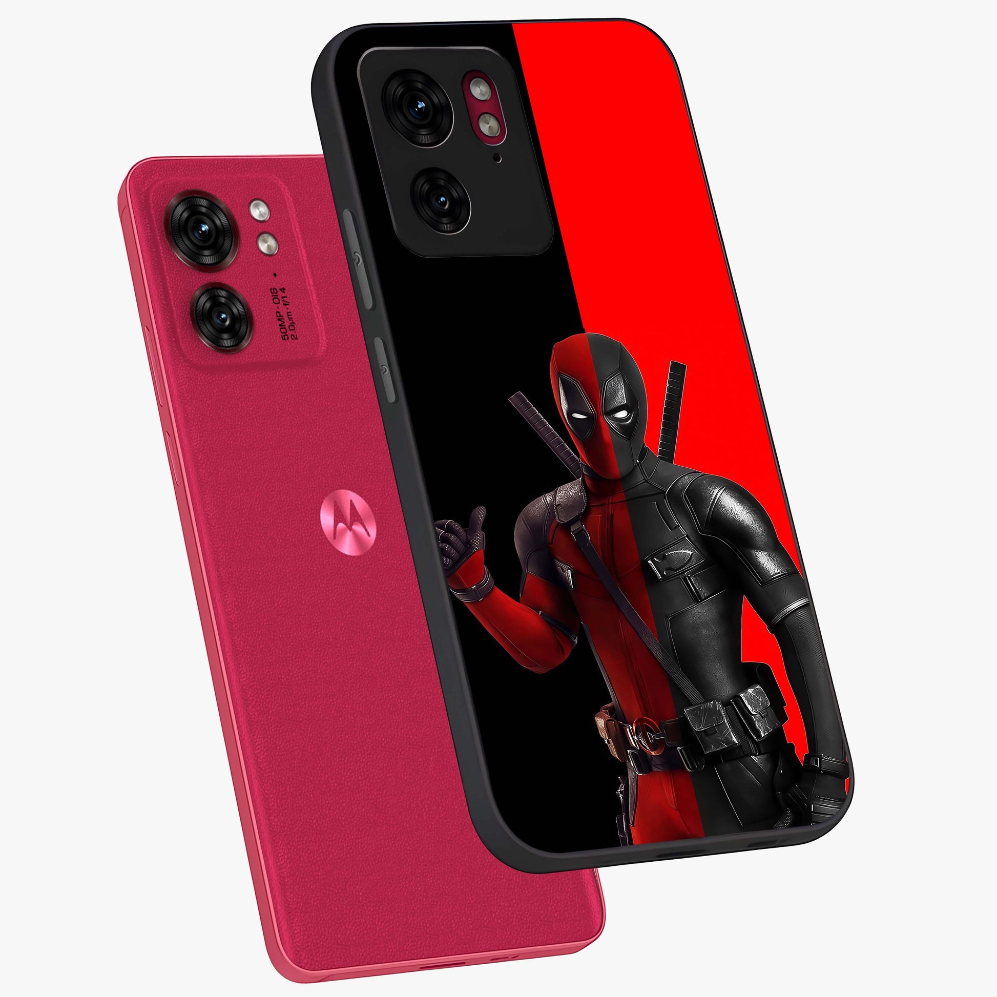 Red & Black Deadpool Theme Glass Case displayed in angled mockup highlighting vibrant superhero style illustration with action aesthetic.