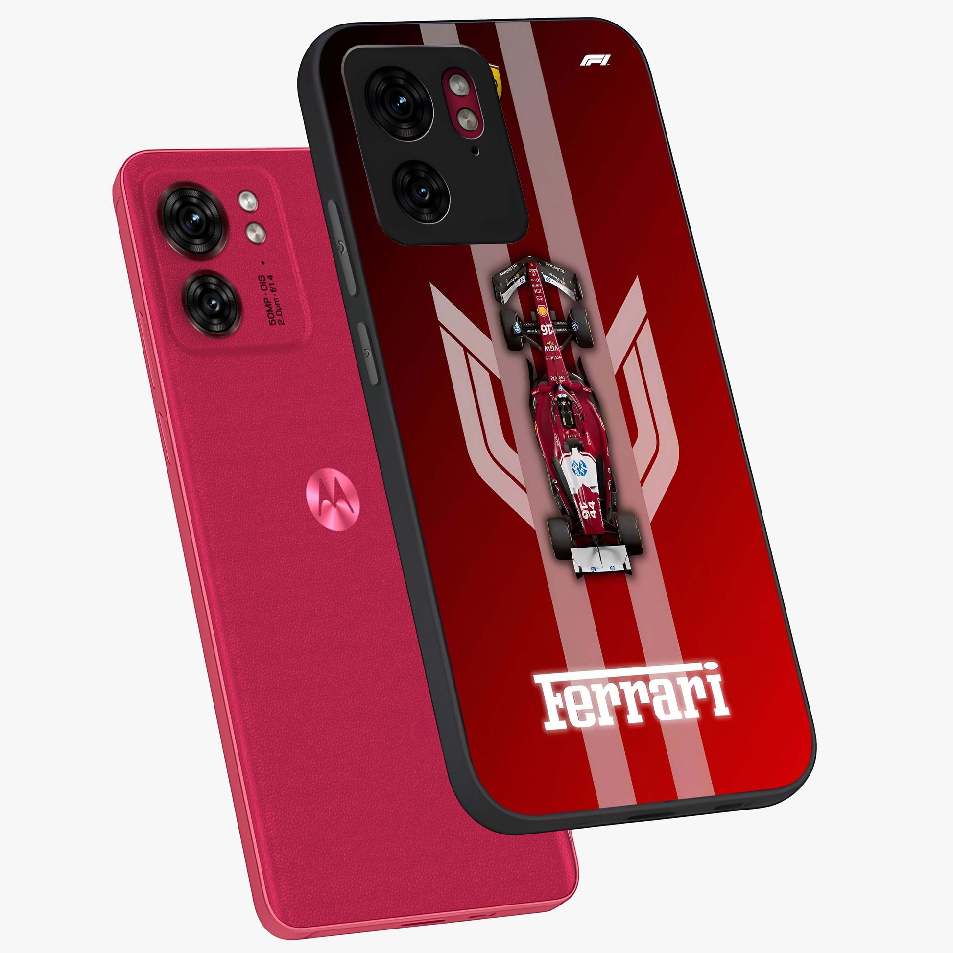 Red Ferrari F1 Vertical Glass Case displayed in angled mockup highlighting high speed racing design with bold automotive aesthetic.