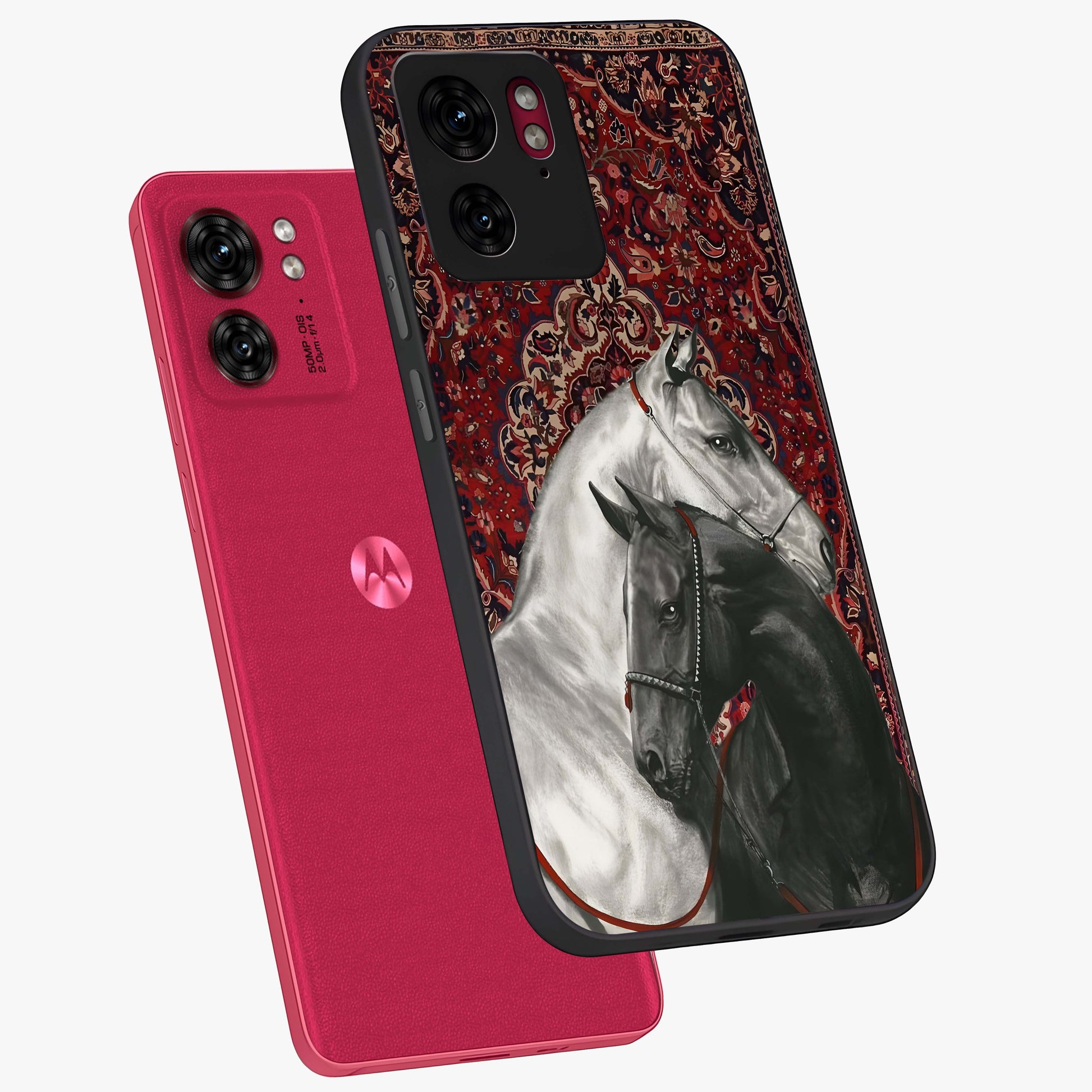 Regal Stallion Tapestry Glass Case displayed in angled mockup highlighting royal stallion design with decorative heritage aesthetic.