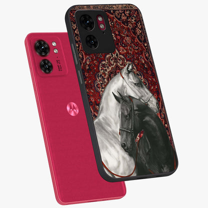Regal Stallion Tapestry Glass Case displayed in angled mockup highlighting royal stallion design with decorative heritage aesthetic.