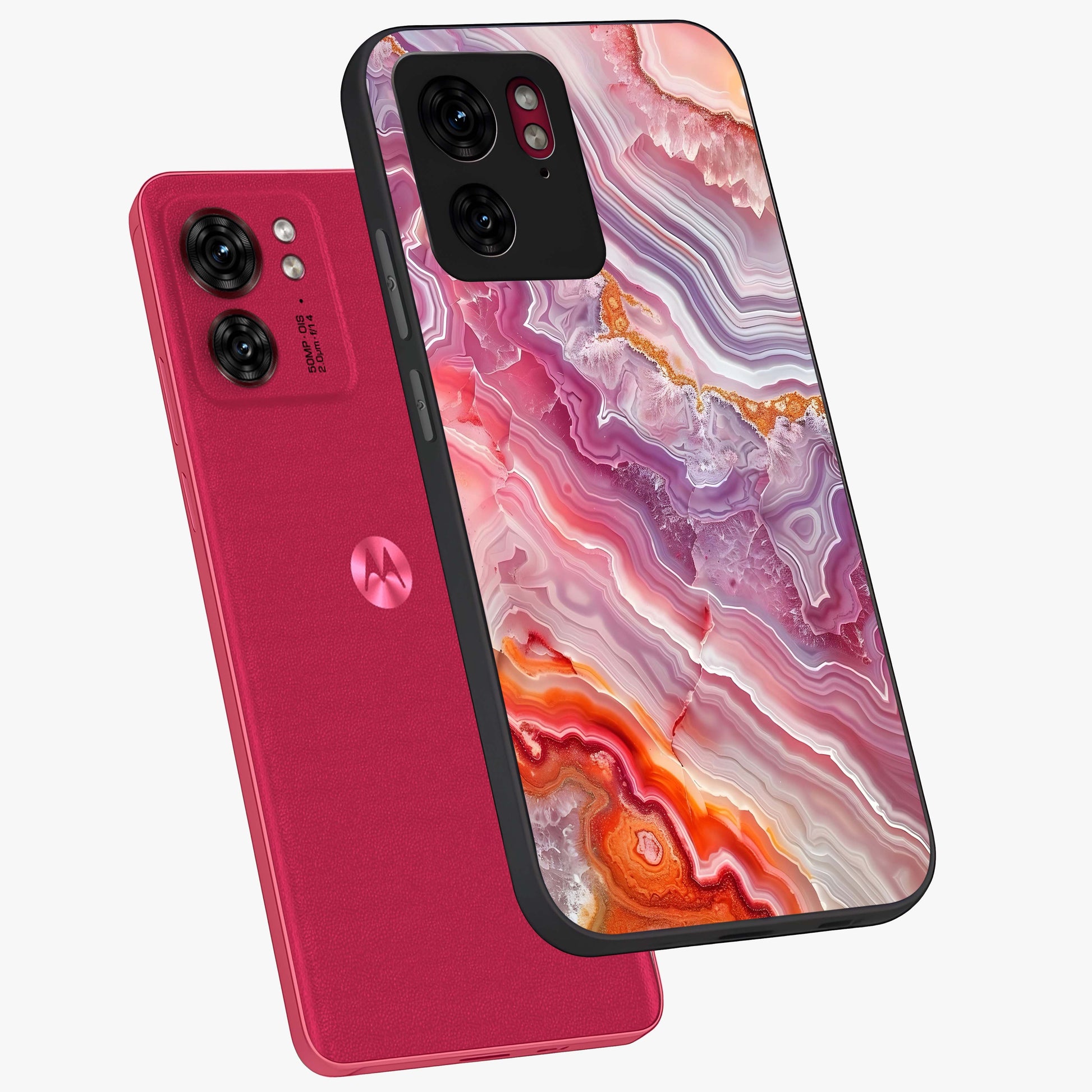 Rose Quartz Marble Glass Case displayed in angled mockup highlighting elegant marble pattern with soft aesthetic style.