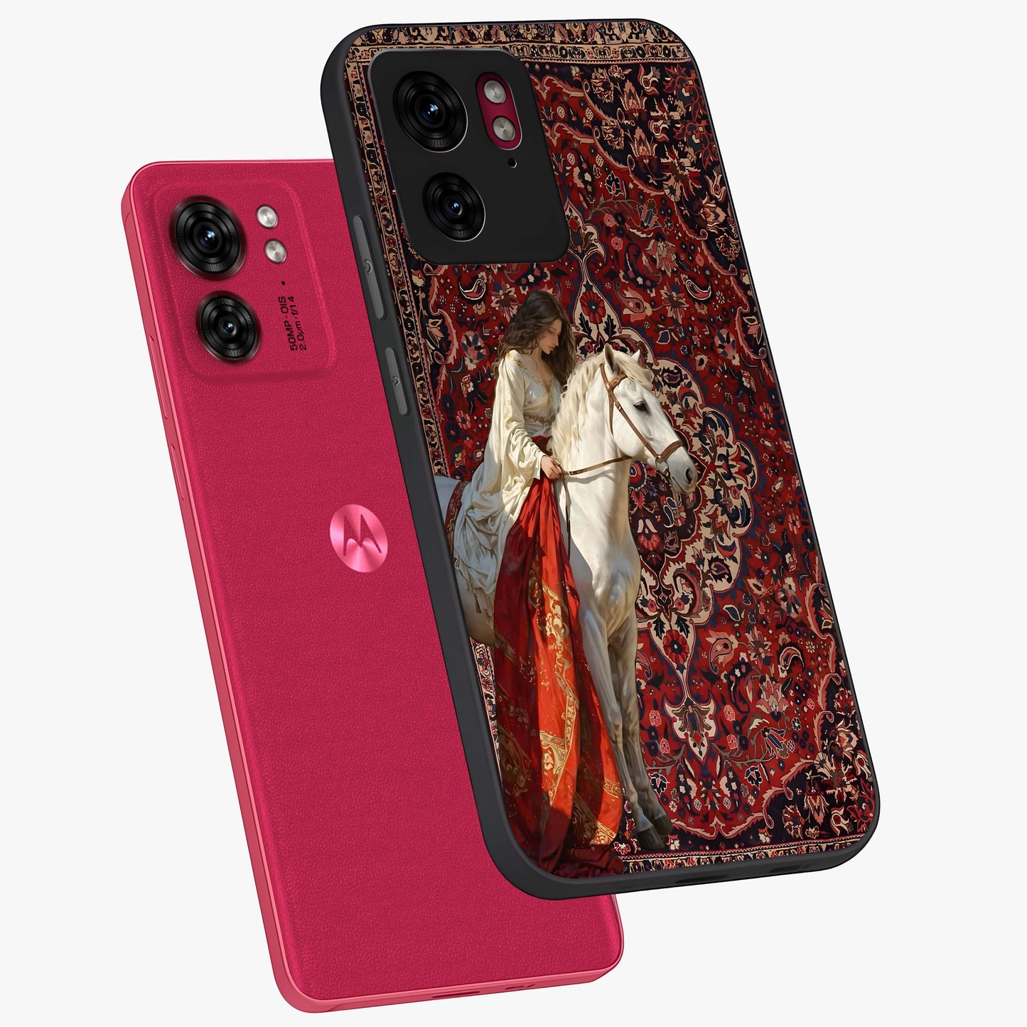 Royal Rider Tapestry Glass Case displayed in angled mockup highlighting traditional tapestry design with royal heritage aesthetic.