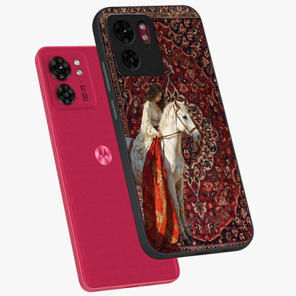 Royal Rider Tapestry Glass Case displayed in angled mockup highlighting traditional tapestry design with royal heritage aesthetic.