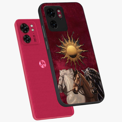 Solar Riders Glass Case displayed in angled mockup highlighting powerful rider illustration with radiant solar aesthetic.
