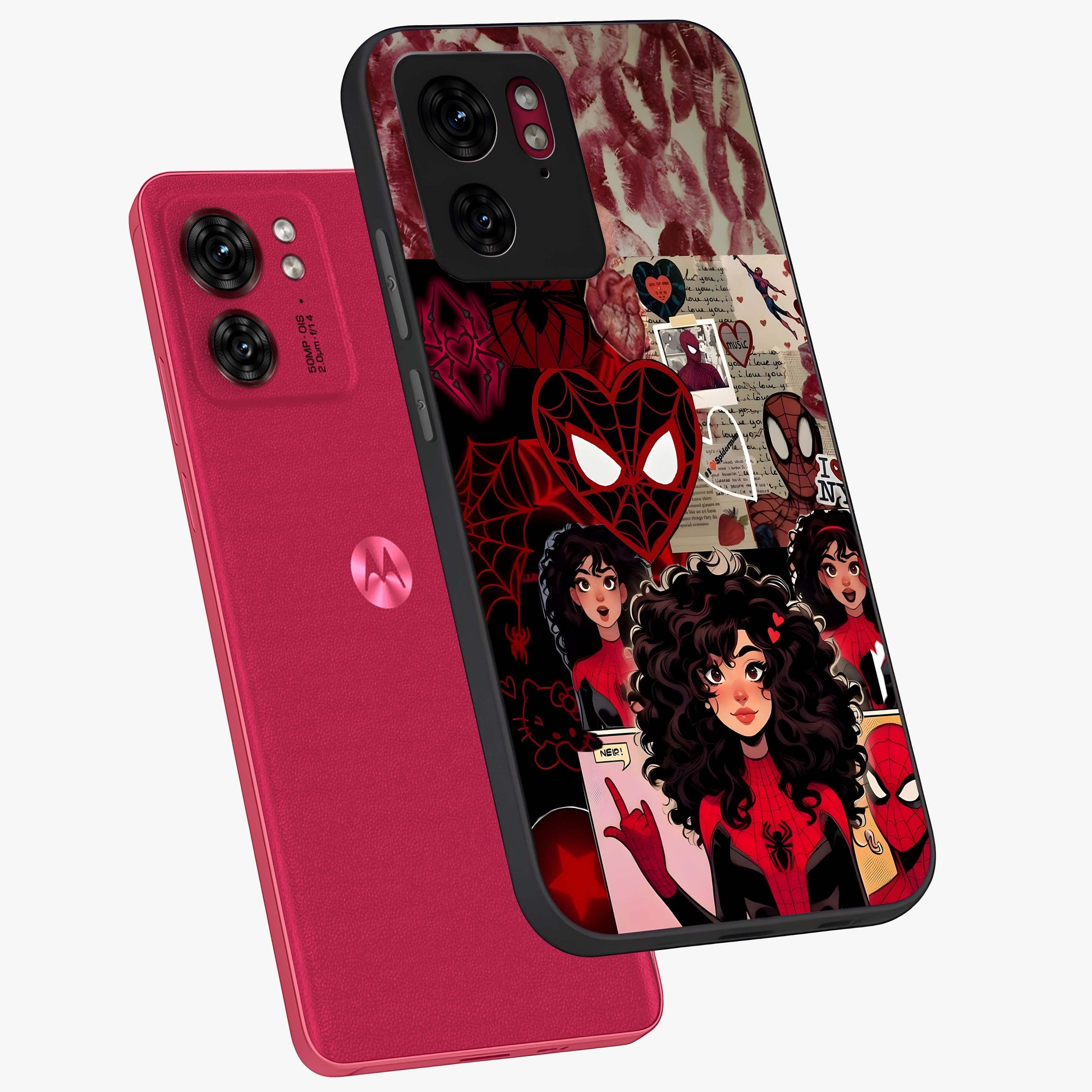 Spider Love Story Glass Case displayed in angled mockup highlighting expressive comic inspired design with playful aesthetic.