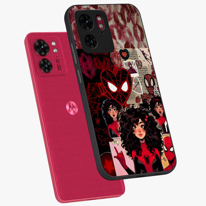Spider Love Story Glass Case displayed in angled mockup highlighting expressive comic inspired design with playful aesthetic.