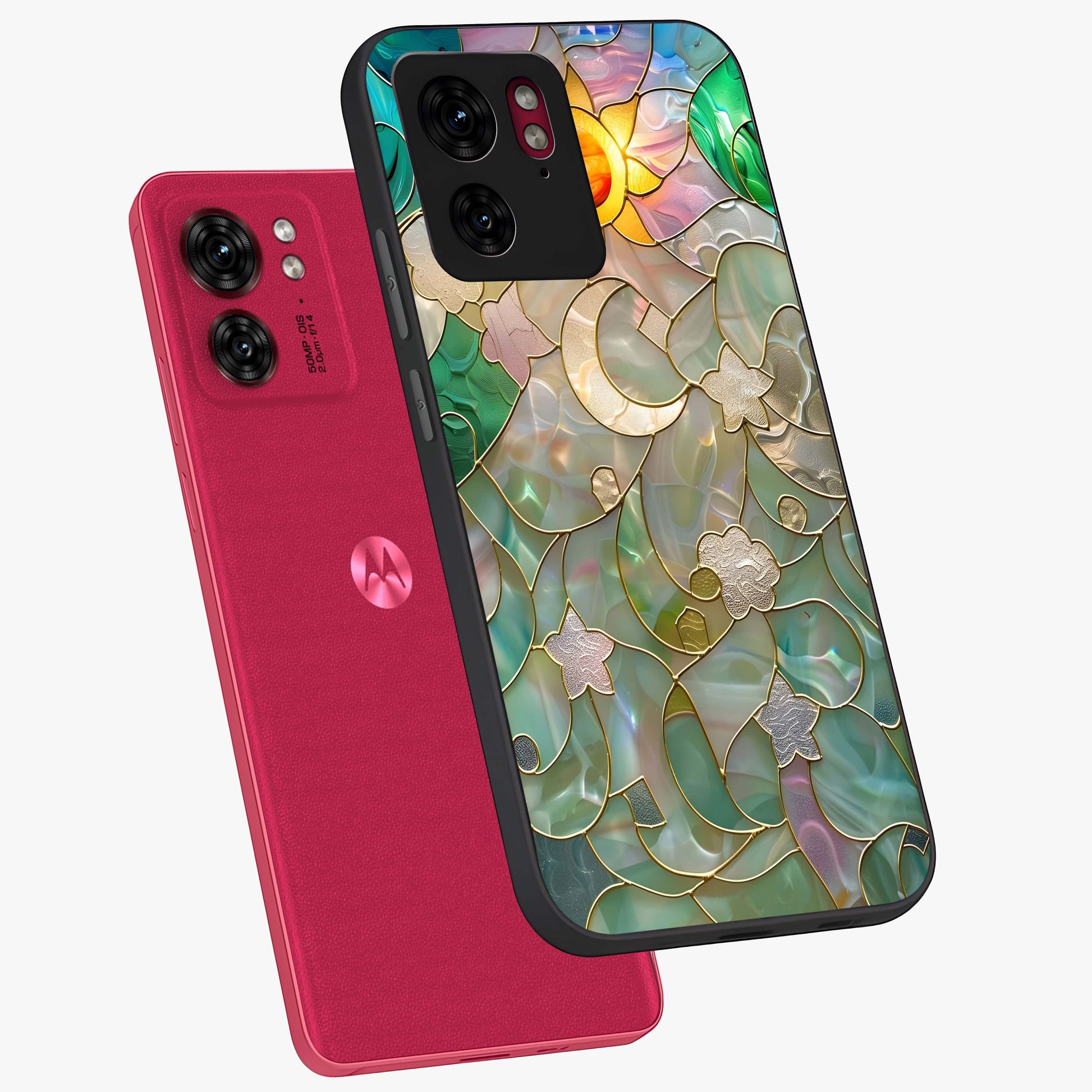 Stained Sunrise Glow Glass Case displayed in angled mockup highlighting radiant sunrise design with artistic aesthetic style.