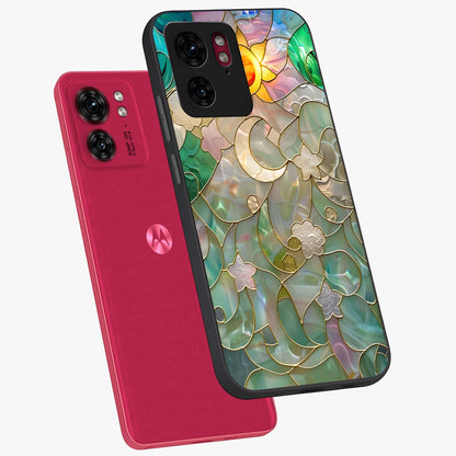 Stained Sunrise Glow Glass Case displayed in angled mockup highlighting radiant sunrise design with artistic aesthetic style.