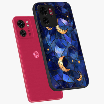 Starlit Sky Tapestry Glass Case displayed in angled mockup highlighting celestial night pattern with artistic aesthetic style.