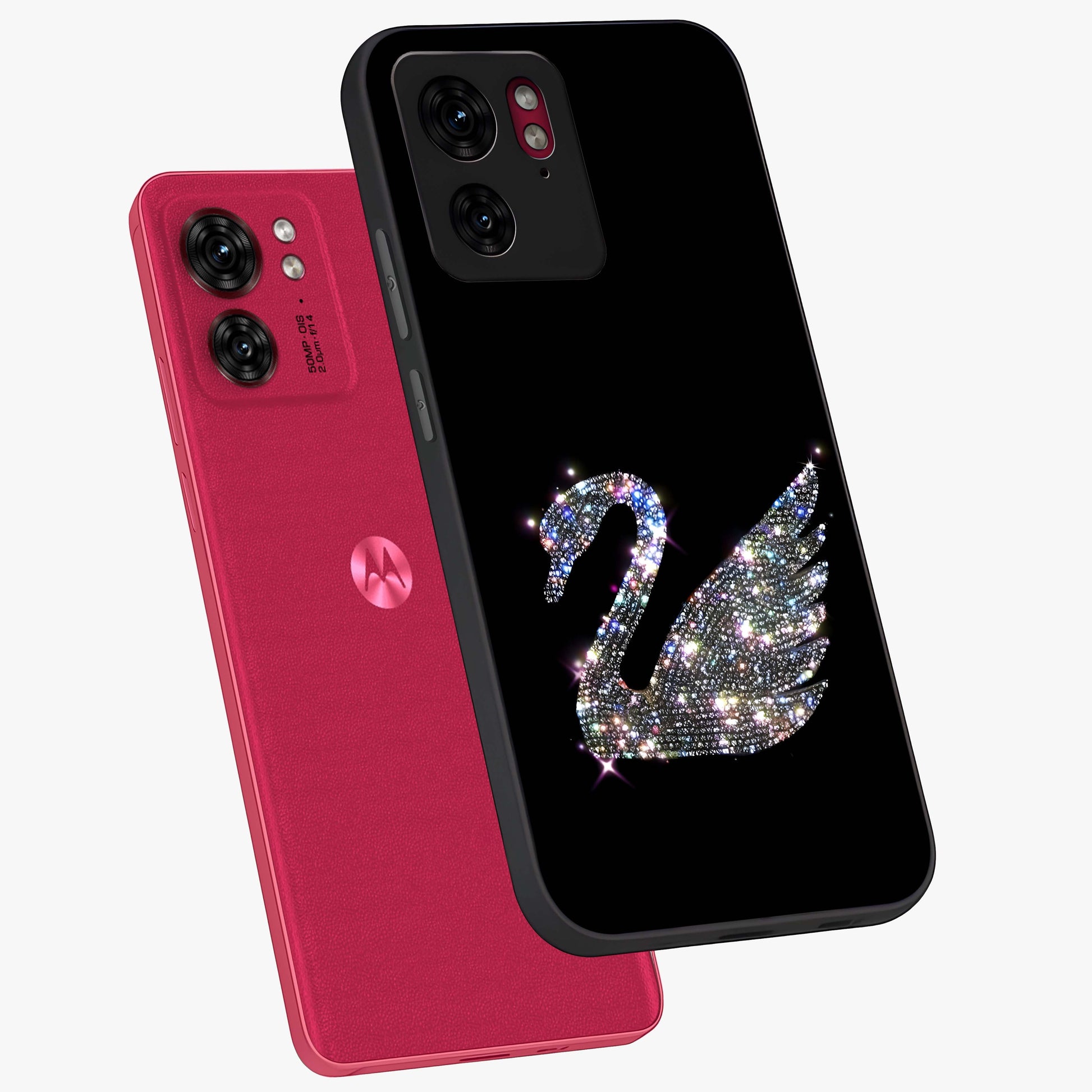 Starlit Swan Grace Glass Case displayed in angled mockup highlighting elegant swan illustration with dreamy celestial aesthetic.