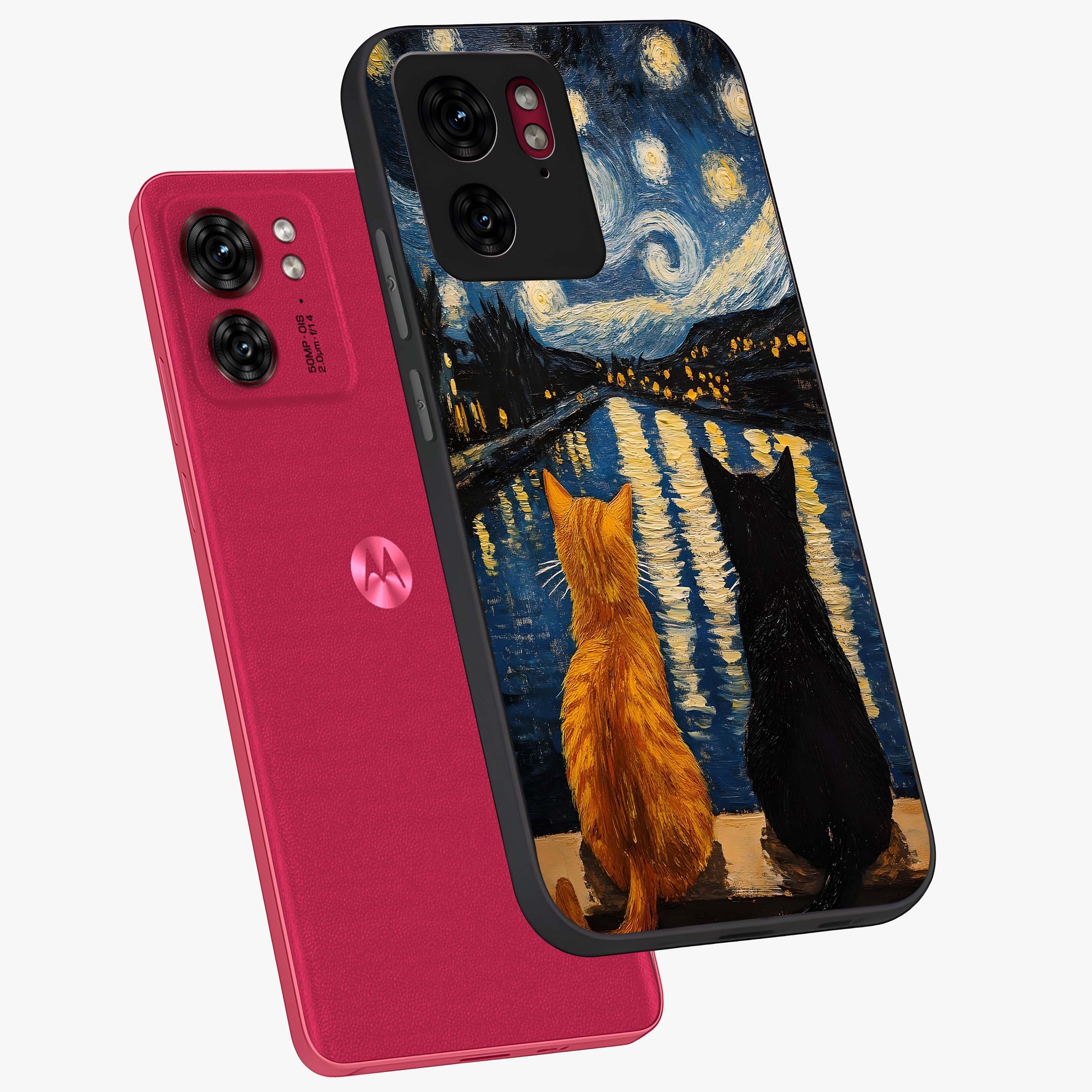 Starry River Cats Glass Case displayed in angled mockup highlighting charming feline illustration with dreamy night aesthetic.