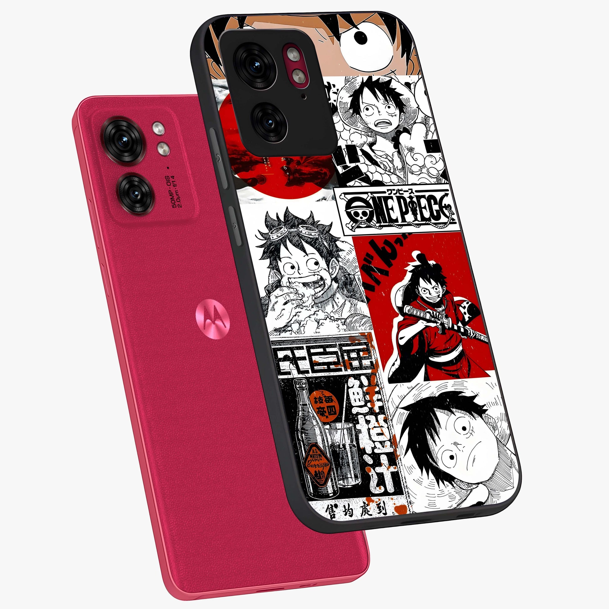 Strawhat Chaos Panels Glass Case displayed in angled mockup highlighting vibrant anime collage design with action aesthetic.