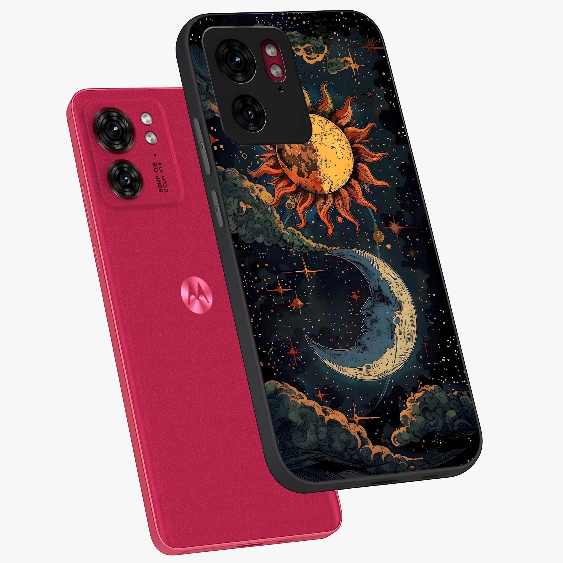 Sun And Moon Magic Design Glass Case displayed in angled mockup highlighting celestial design with magical cosmic aesthetic.