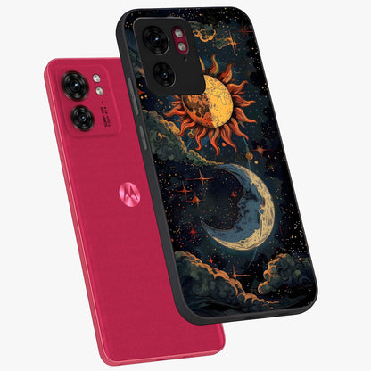 Sun And Moon Magic Design Glass Case displayed in angled mockup highlighting celestial design with magical cosmic aesthetic.