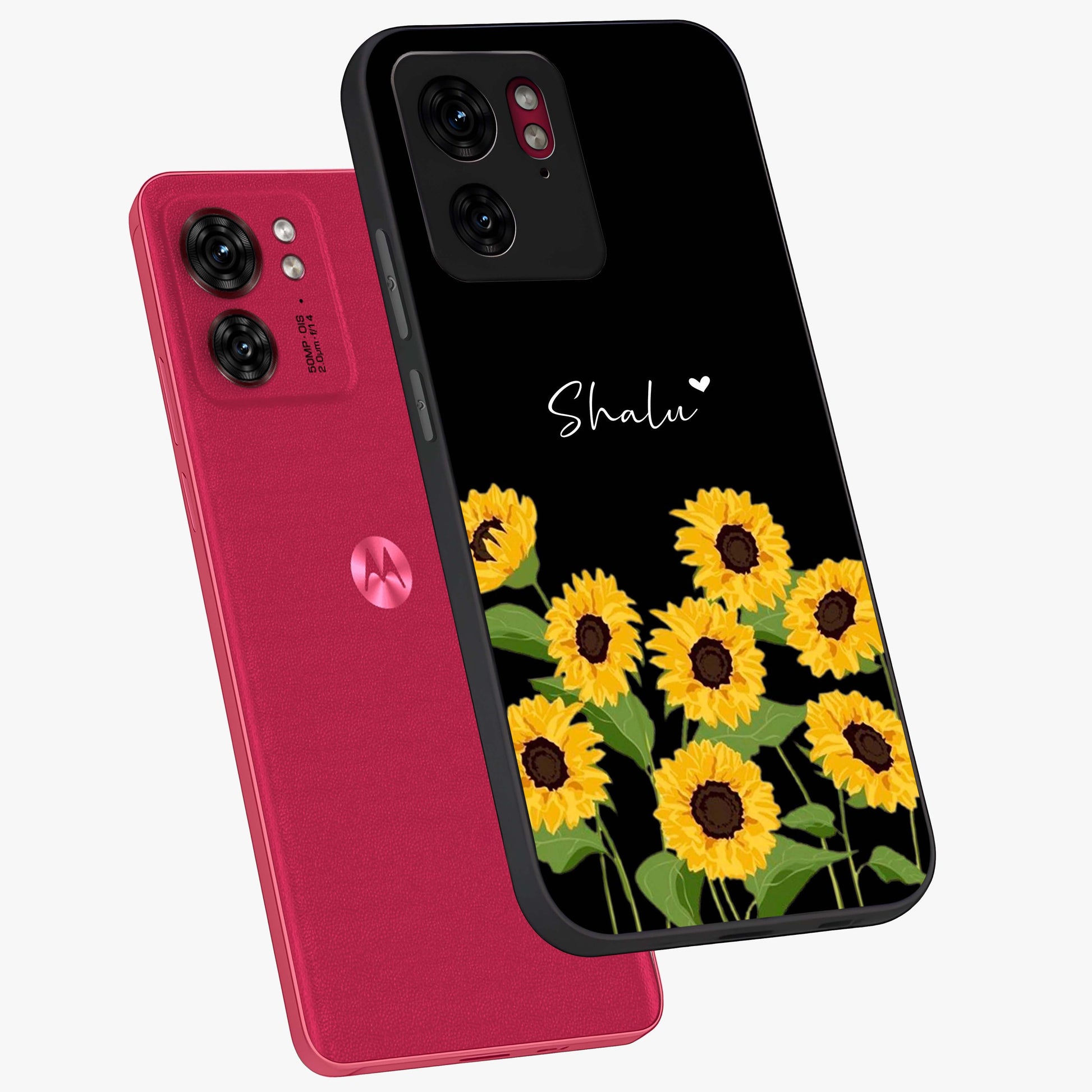 Sunflower Chic Mood Custom Name Glass Case displayed in angled mockup highlighting vibrant sunflower design with custom name feature.