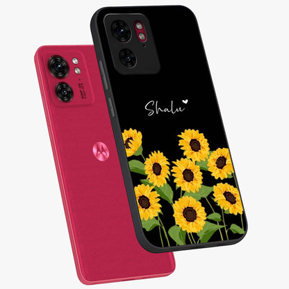 Sunflower Chic Mood Custom Name Glass Case displayed in angled mockup highlighting vibrant sunflower design with custom name feature.