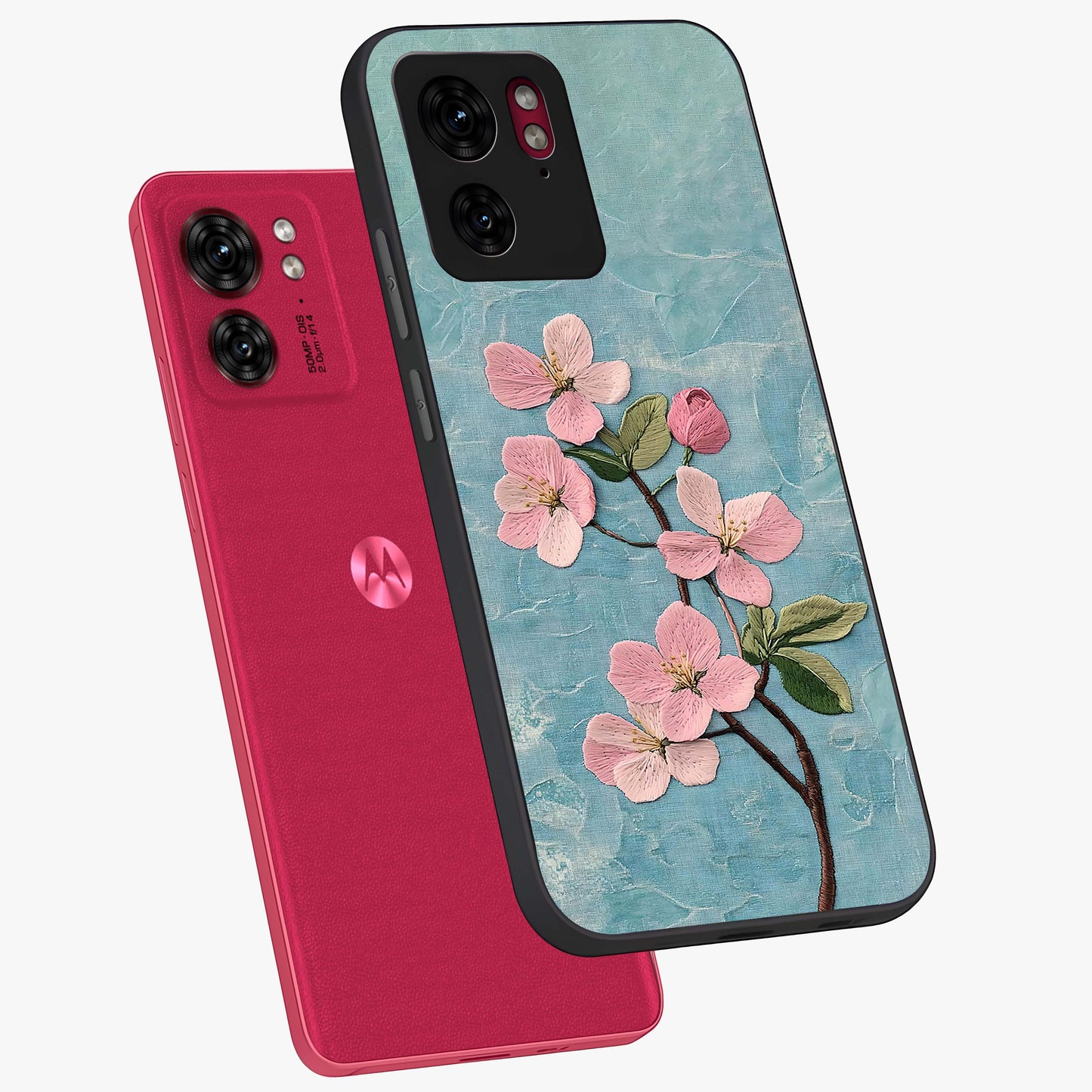 Threaded Blossom Breeze Glass Case displayed in angled mockup highlighting elegant floral design with soft aesthetic style.