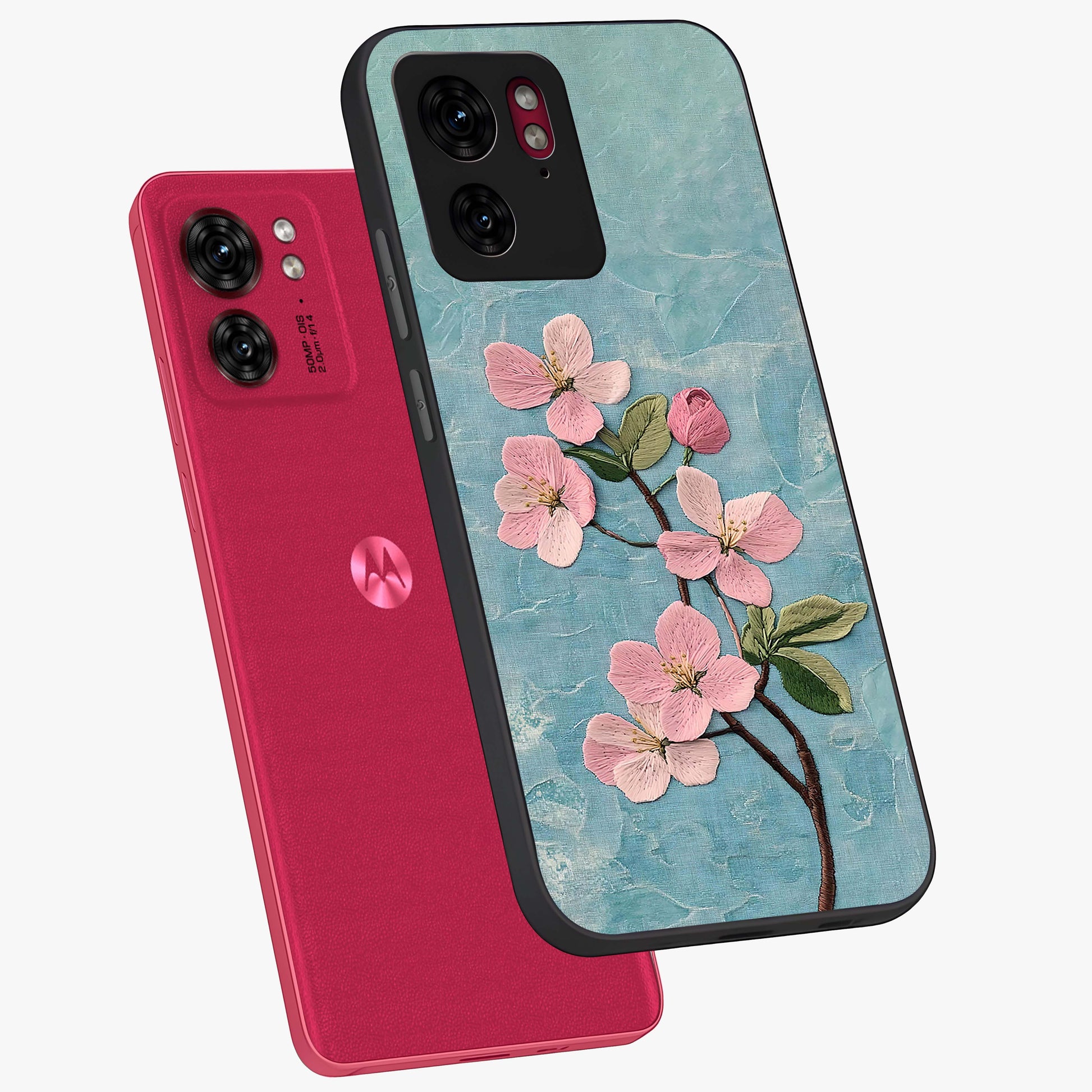 Threaded Blossom Breeze Glass Case displayed in angled mockup highlighting elegant floral design with soft aesthetic style.