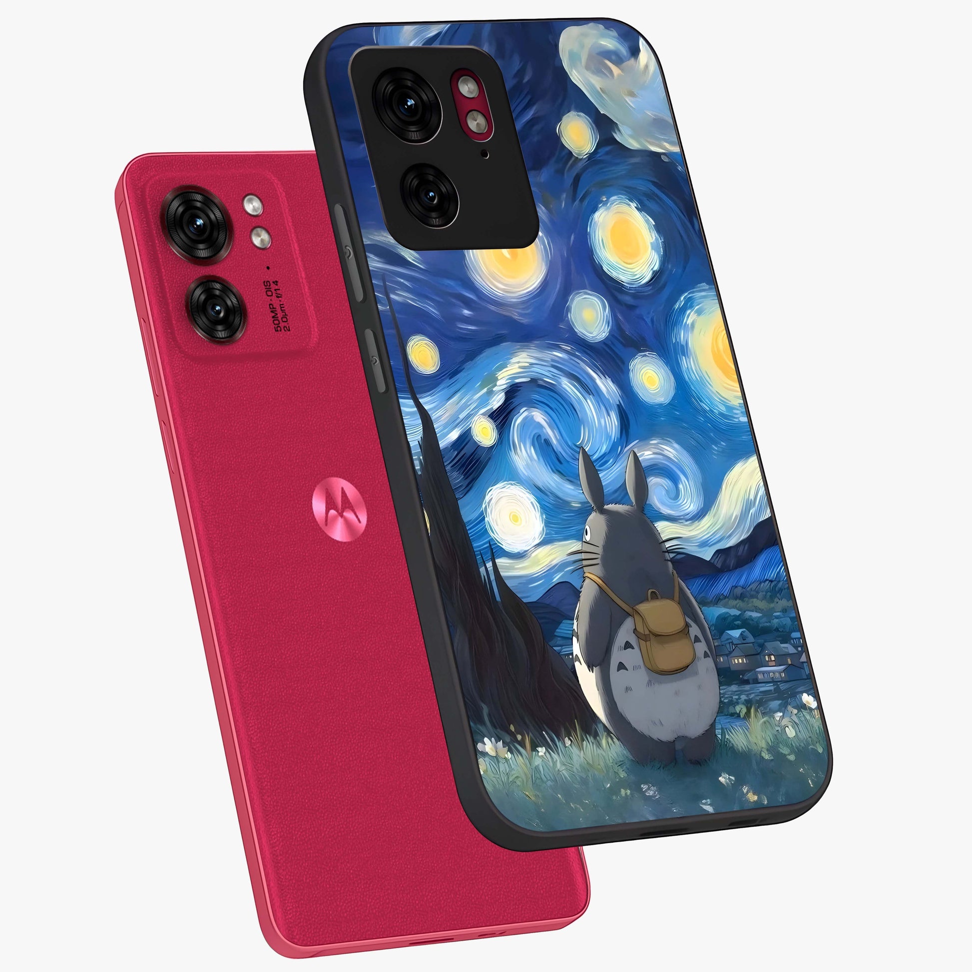 Totoro In Van Gogh Art Glass Case displayed in angled mockup highlighting artistic swirling sky design with playful animation aesthetic.