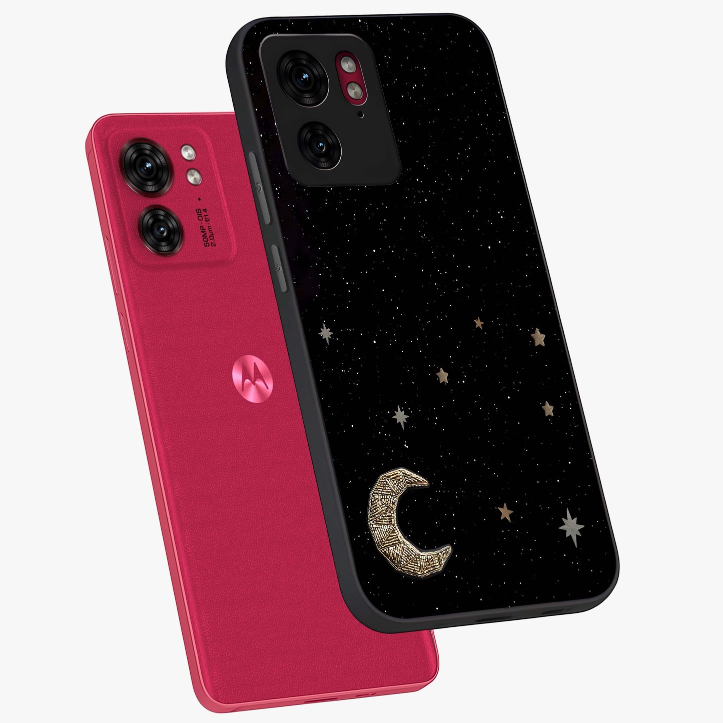 Twinkle Star With Half Moon Glass Case displayed in angled mockup highlighting celestial moon and star design with magical aesthetic.