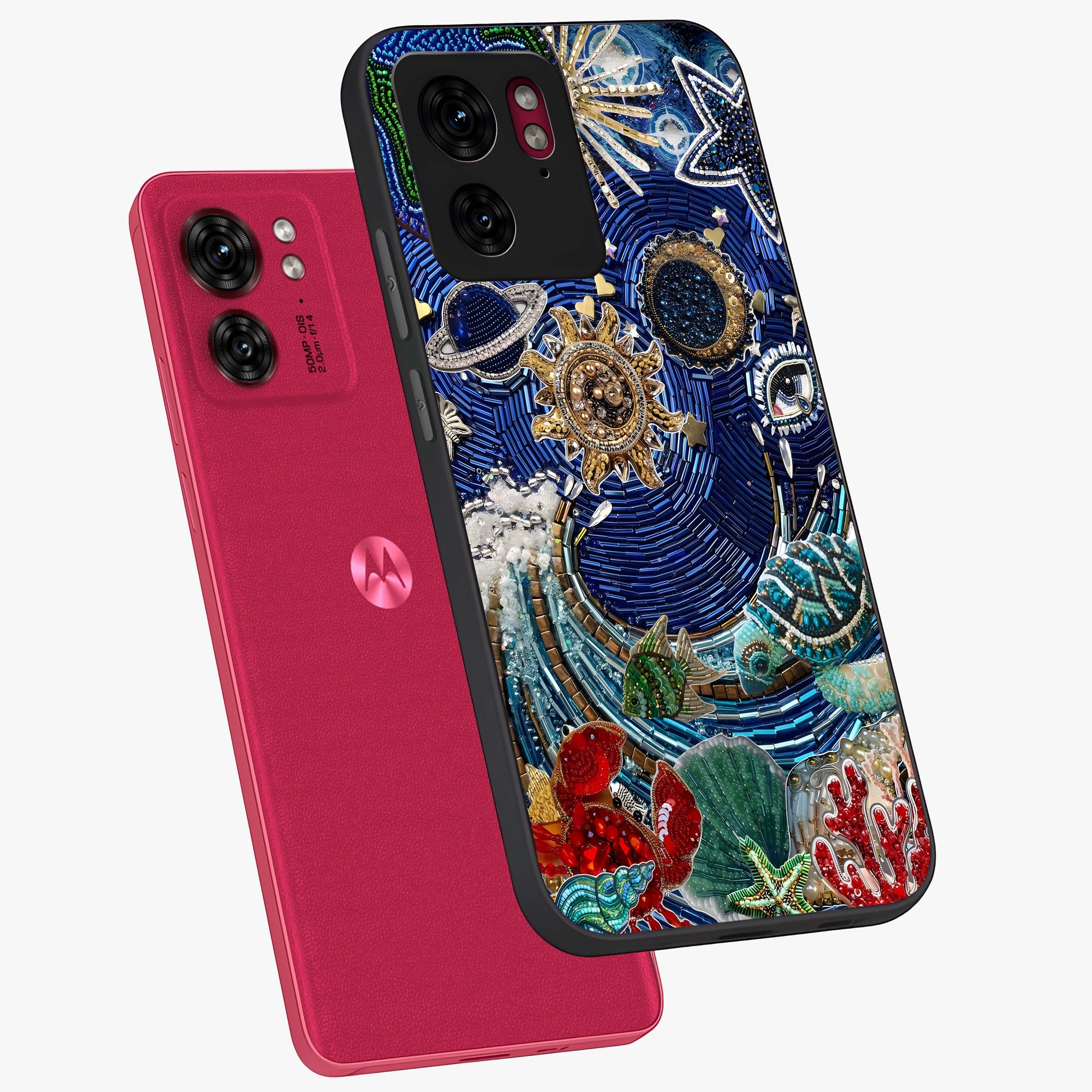 Universe Underwater Spark Glass Case displayed in angled mockup highlighting glowing aquatic design with celestial aesthetic.