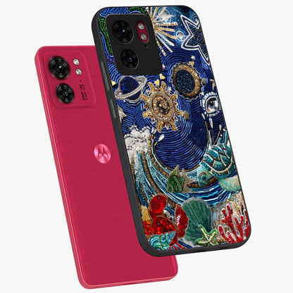 Universe Underwater Spark Glass Case displayed in angled mockup highlighting glowing aquatic design with celestial aesthetic.