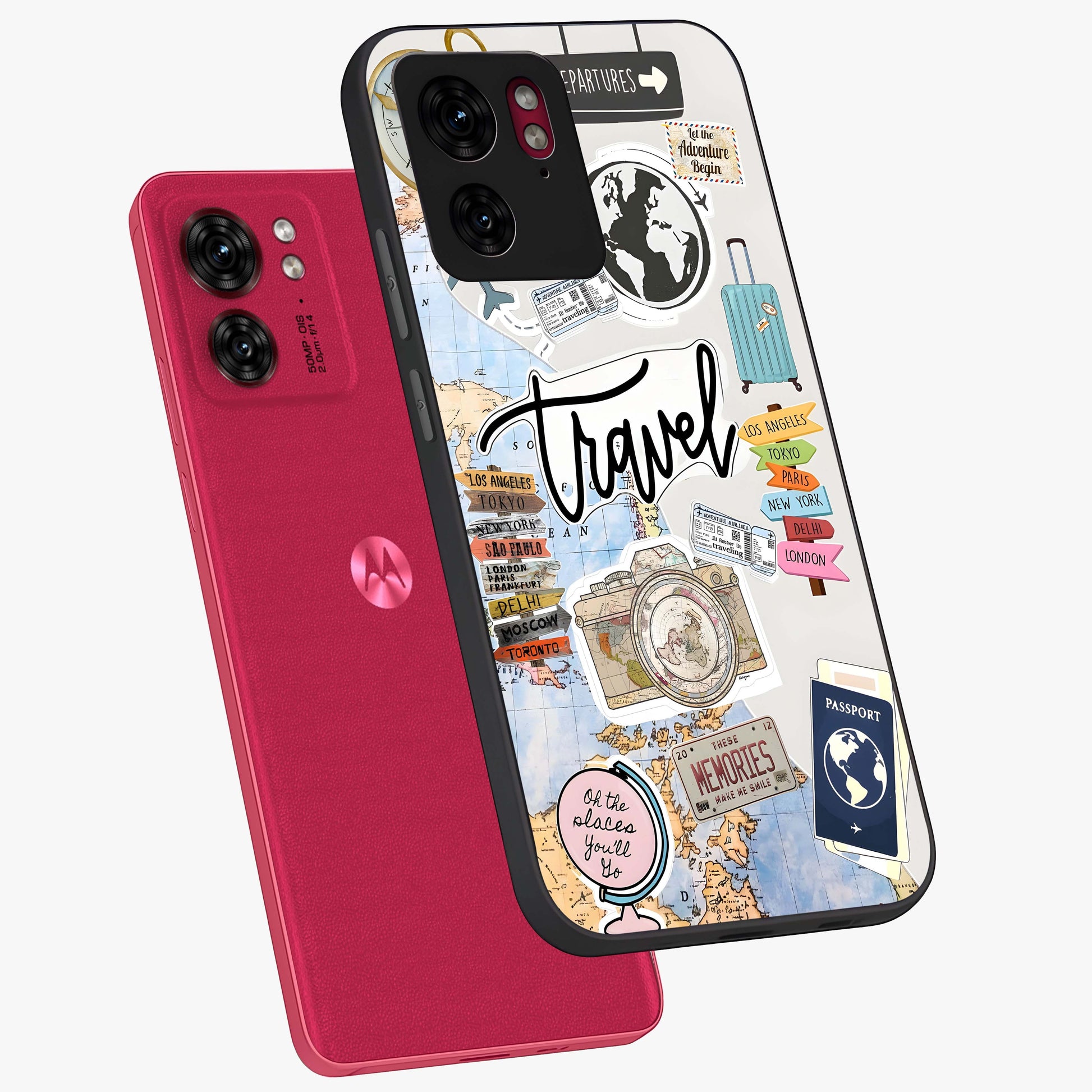 Wanderlust Journal Glass Case displayed in angled mockup highlighting adventure themed design with aesthetic travel vibe.