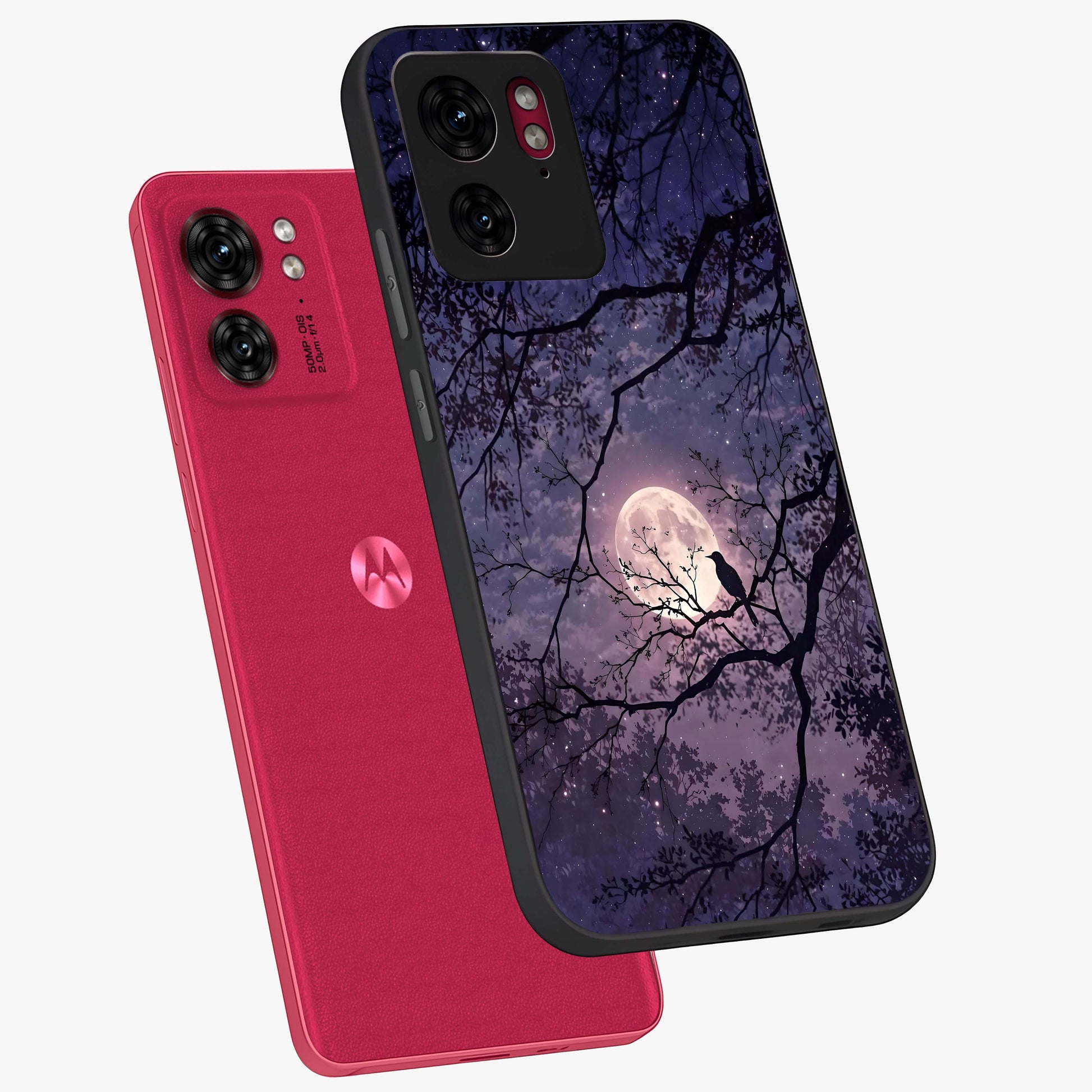 Whispering Moon Silence Glass Case displayed in angled mockup highlighting calm lunar design with dreamy night aesthetic.