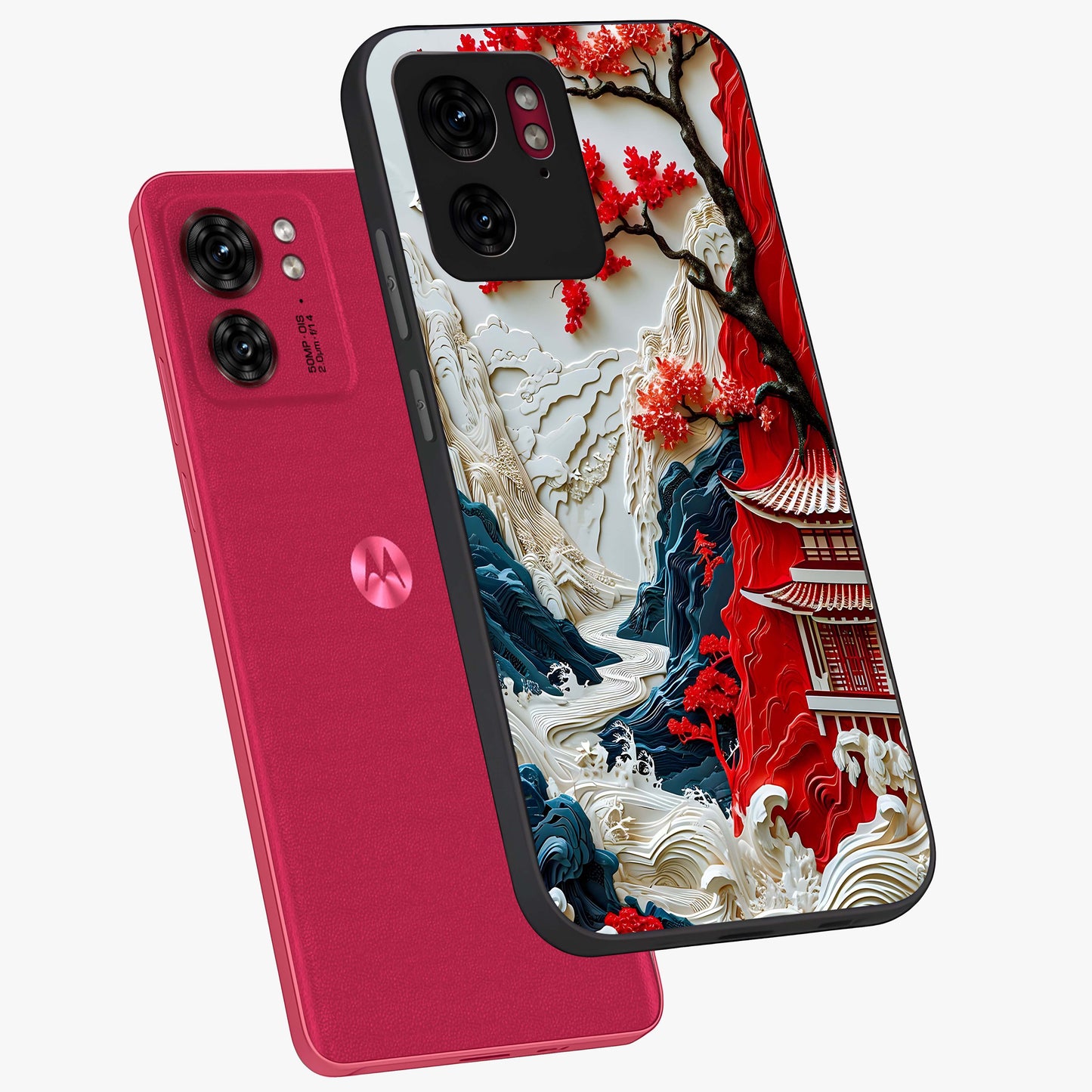 Whispers Of Sakura Waves Glass Case displayed in angled mockup highlighting flowing sakura design with soft floral aesthetic.