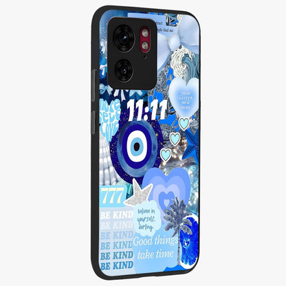 Aesthetic Be Kind Eye Glass Case upright view showcasing stylish eye illustration with positive message theme.