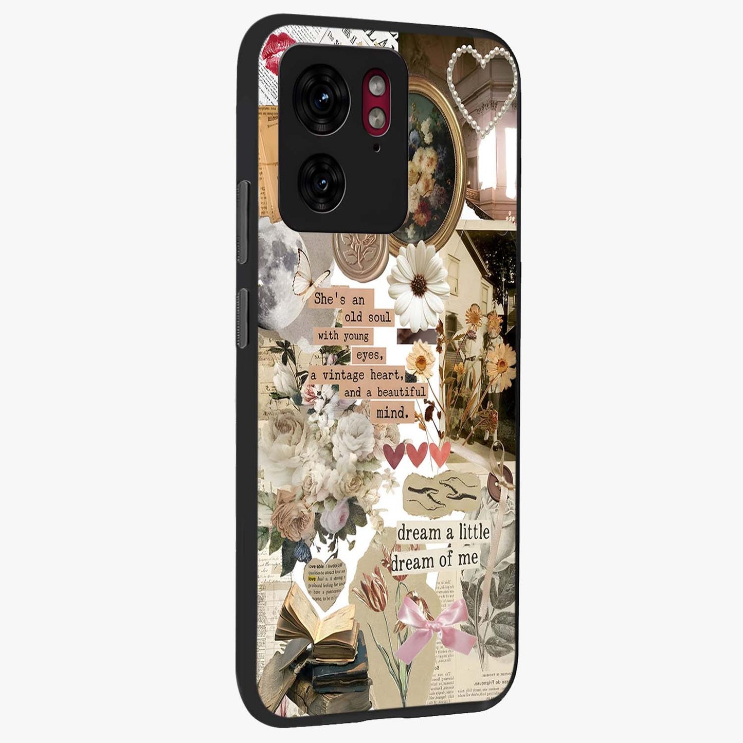 Aesthetic Brown Vintage Collage Glass Case upright view showcasing nostalgic retro artwork with stylish vintage theme.